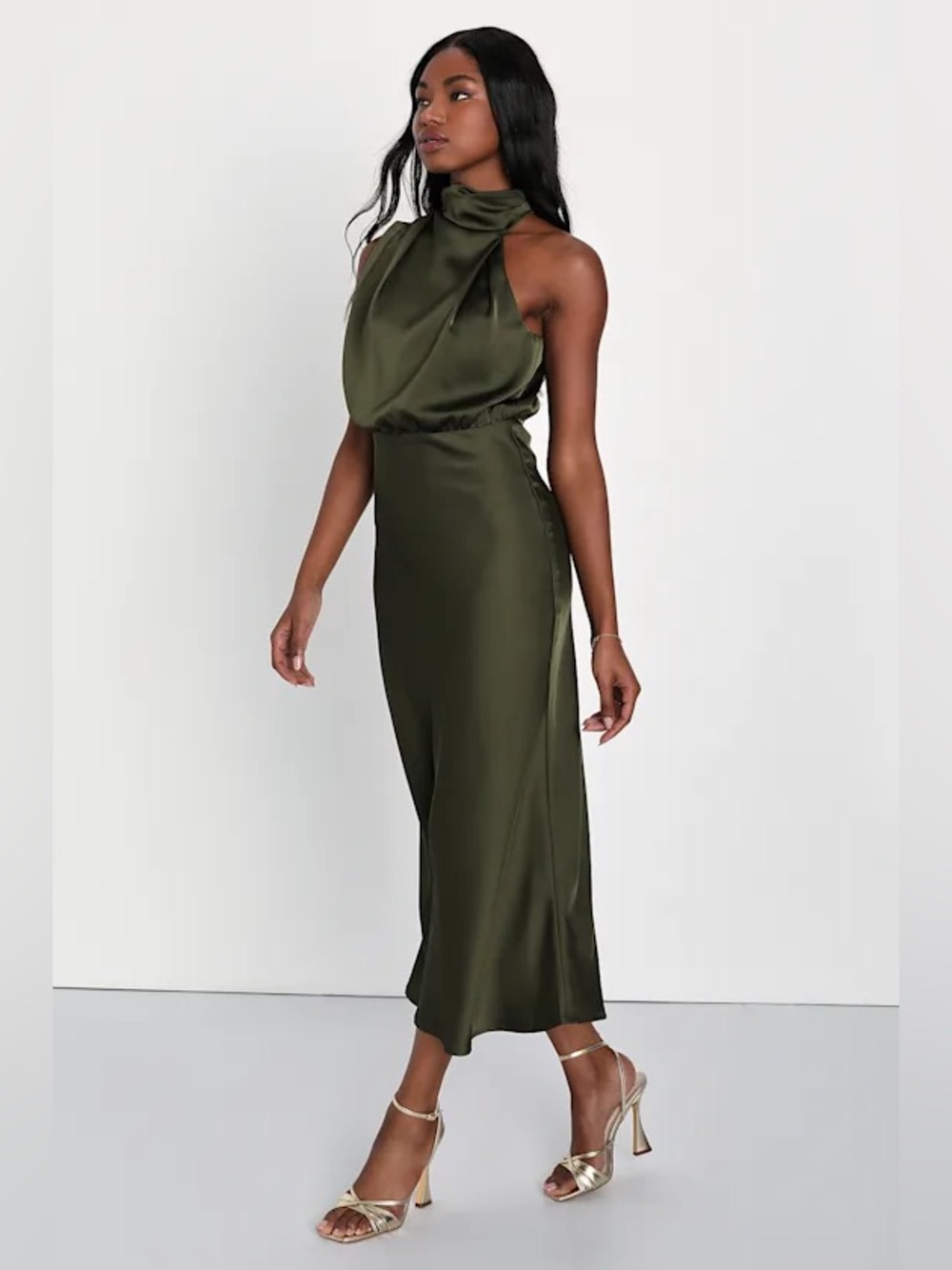 Lulus Distinctive Charm Olive Sleeveless Satin Midi Dress - Picture 3 of 4